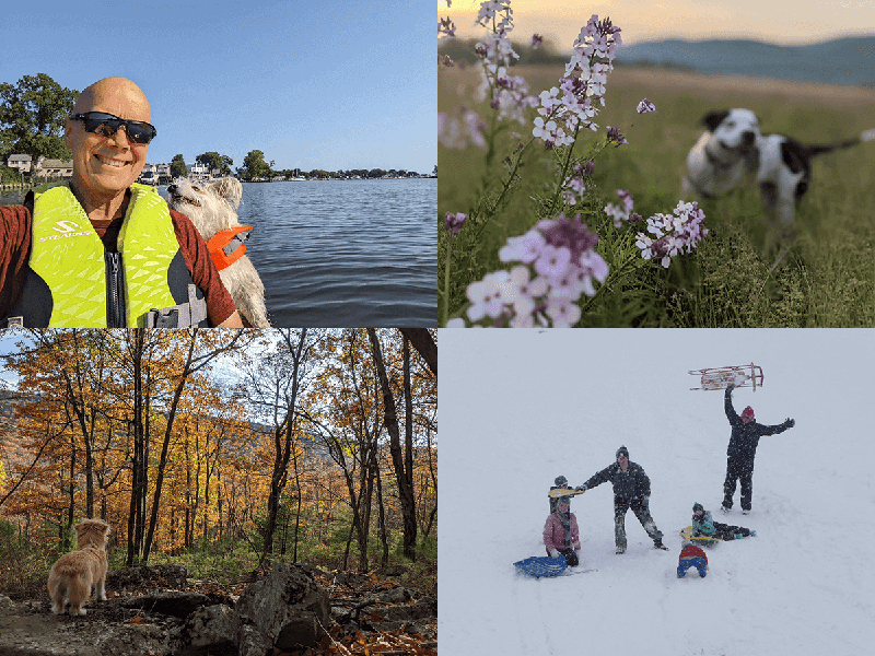 Collage of pictures with dogs and family