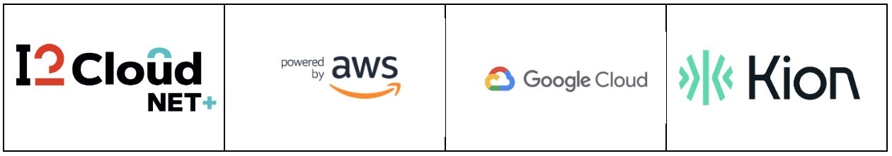 Logos displayed horizontally for Internet2 cloud, google cloud, aws, and kion.