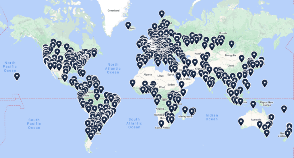 World map displaying Internet Exchange locations.