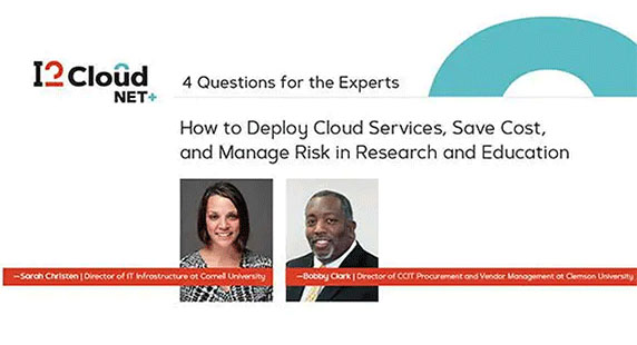 Graphic for how to deploy cloud services, save cost, and manage risk in research and education.