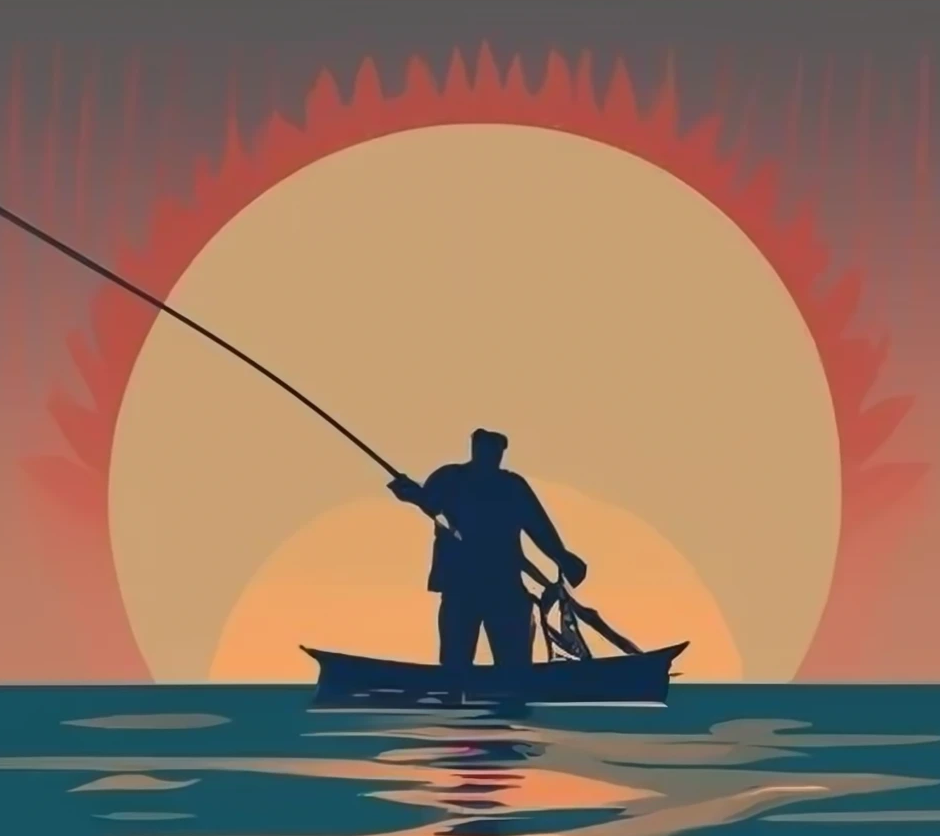 Graphic image of a man fishing while the sun is setting.