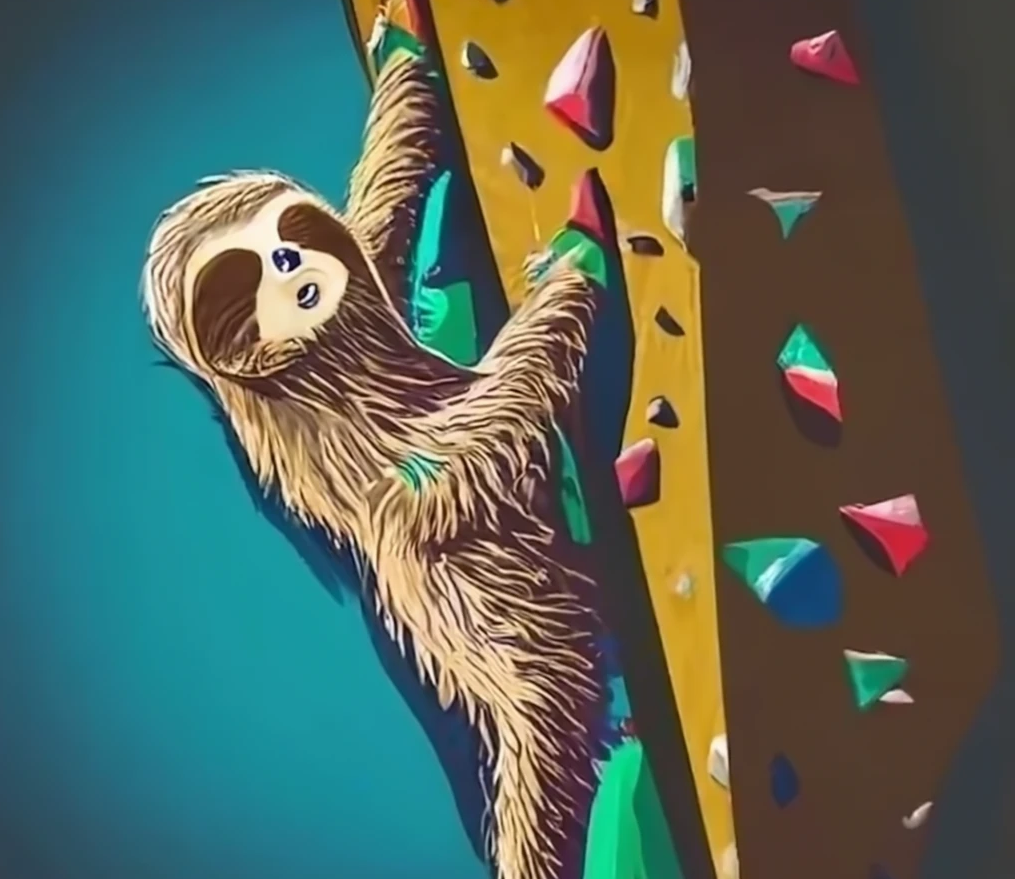 Graphic display of a sloth rock climbing.