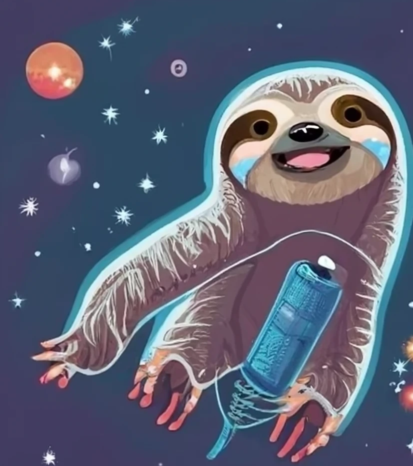 Graphic image of a sloth floating in space.