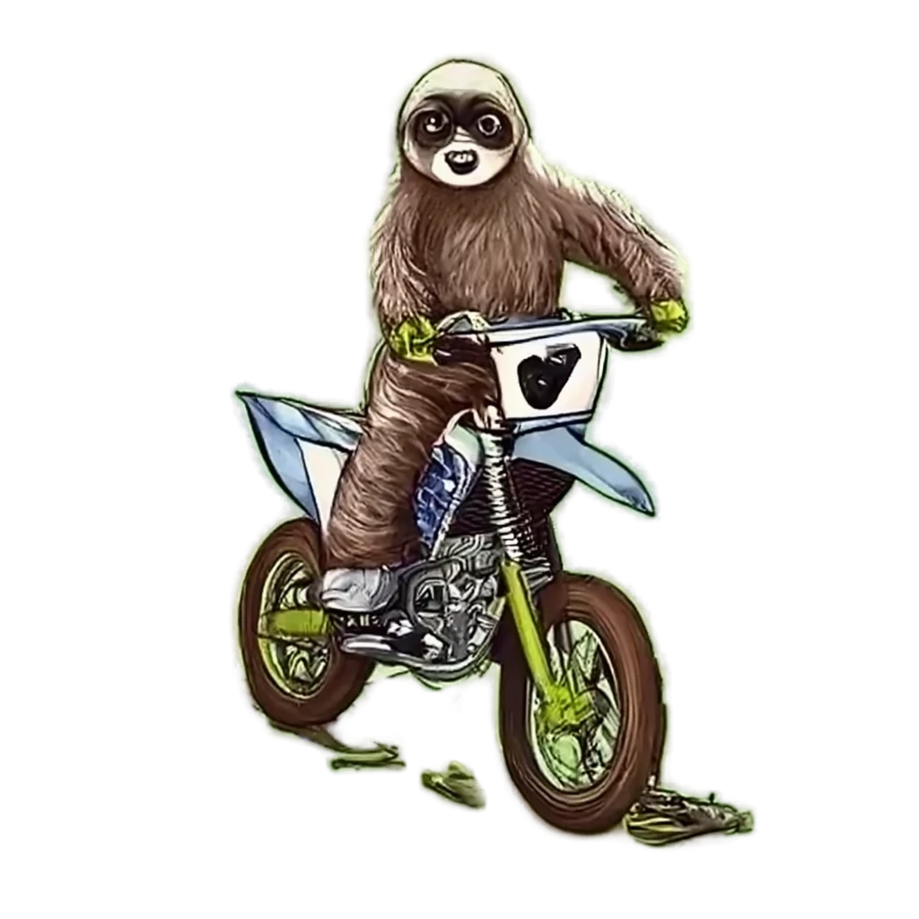 Graphic display of a sloth riding a dirt bike.
