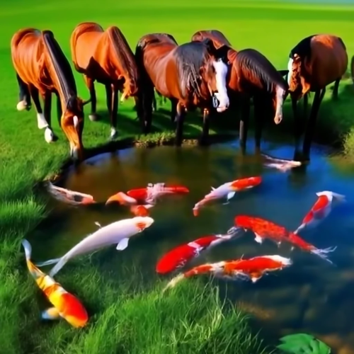 Graphic of horses drinking from a pond with koi fish.