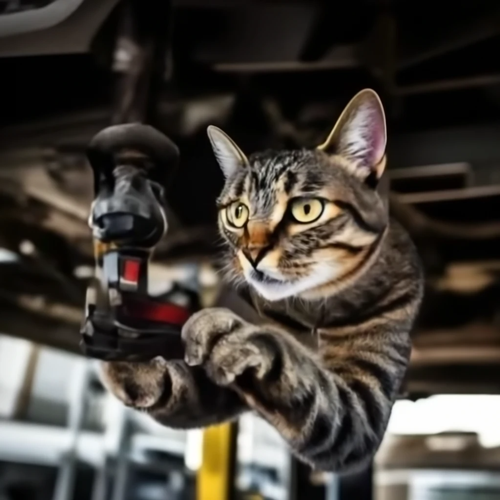 Graphic image of a cat fixing a car.