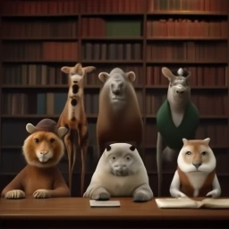 Graphic image of animals sitting in a library.