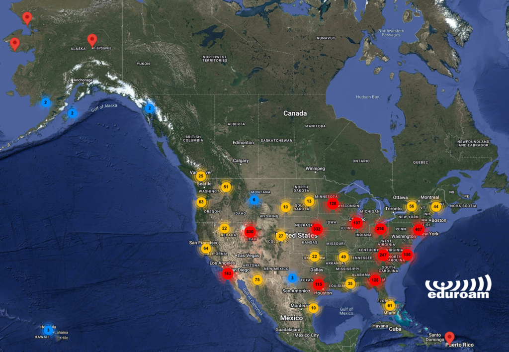 North America map graphic displaying eduroam services.