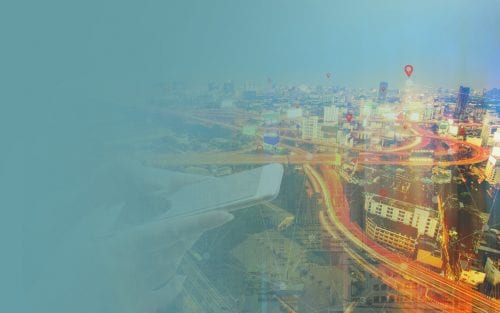 Illustration of someone using a cell phone with a city back drop