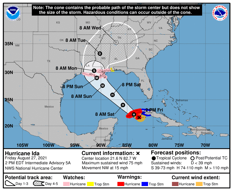Hurricane Ida forecast cone showing the probable path of the storm center.