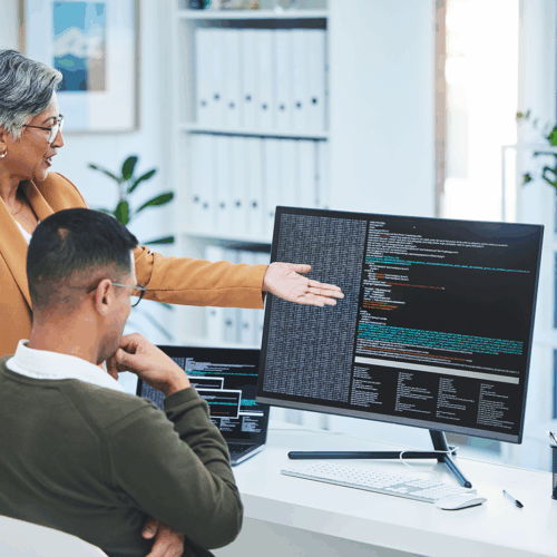 Female professional instructing a male professional in front of a computer screen.