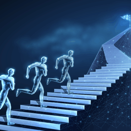 Graphic displaying three individuals climbing a narrow staircase.