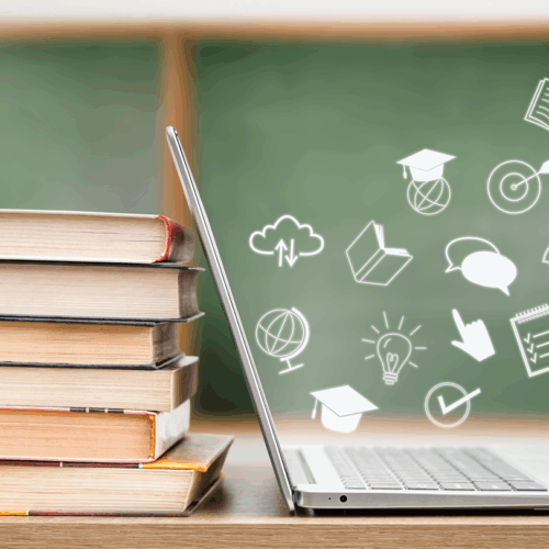 Graphic of a laptop computer next to books with icons emerging into the air.