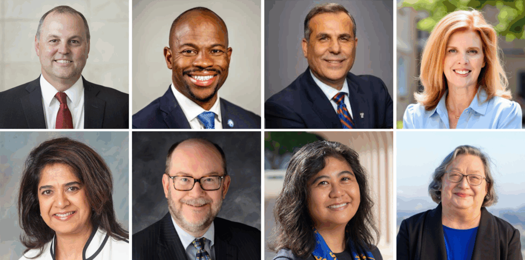 Collage of Bret Blackman, M. Brian Blake, Elias Eldayrie, Aimee Heeter, Cynthia Larive, Mary Lou D. Ortiz, Dan Reed, and Tripti Sinha.