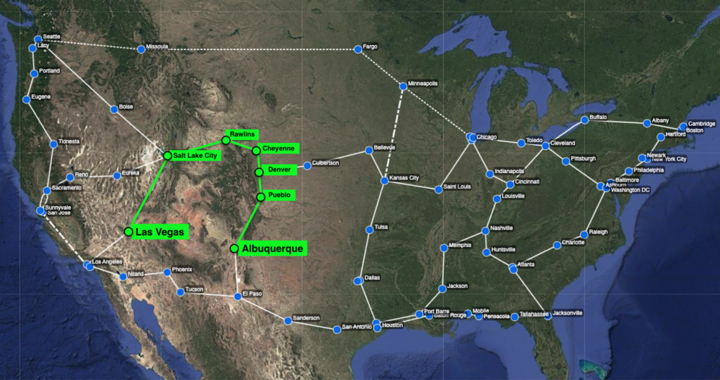 post quantum cryptography demo map of the united states with networks to different cities.